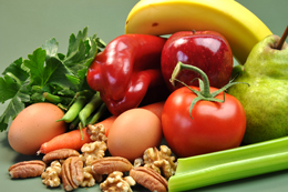 Fresh vegetables, fruit, eggs and nuts